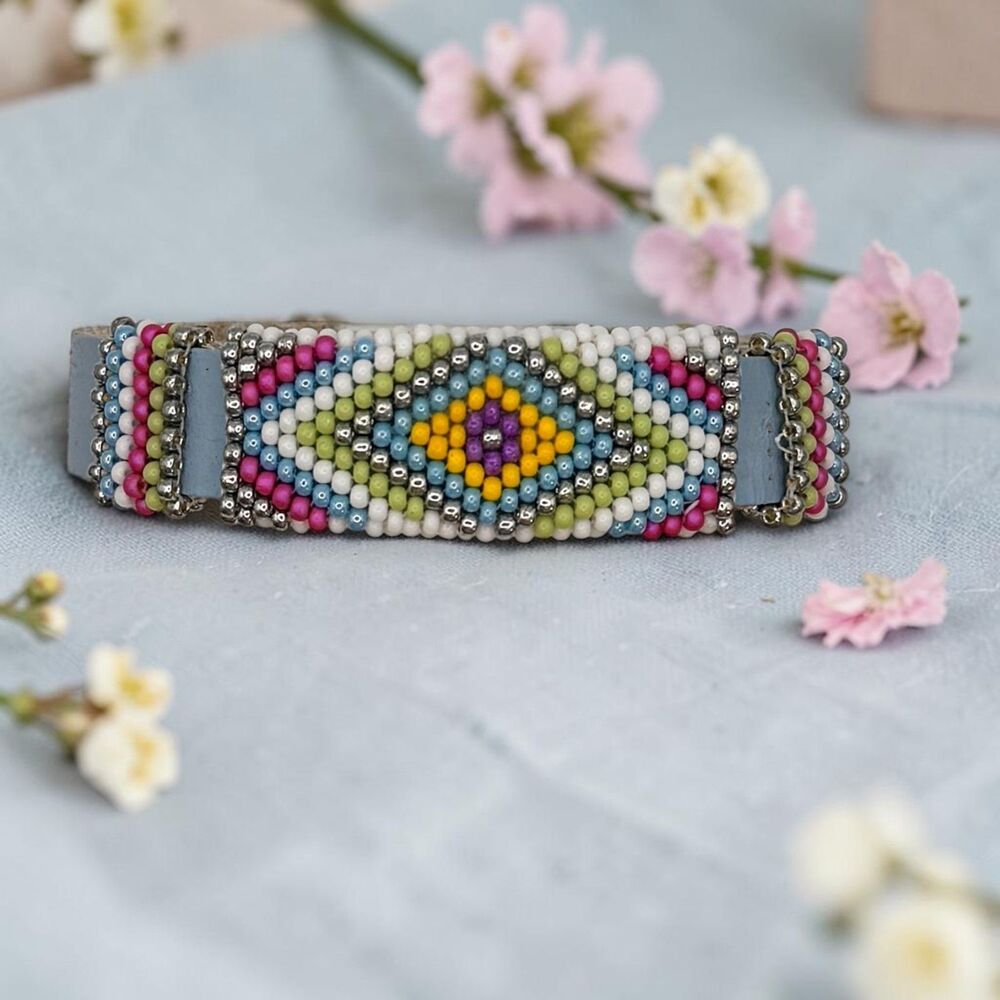 Leather Hand Beaded Bracelet Spring Colors